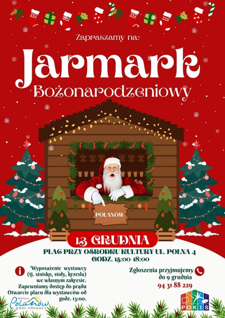 Plakat z zaproszeniem na jarmark bożonarodzeniowy w Polanowie 13 grudnia 2022