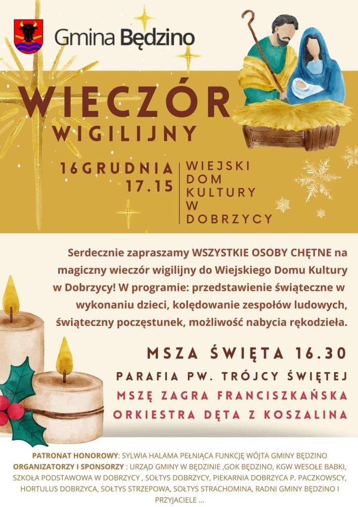 Plakat z zaproszeniem na wieczór wigilijny w Będzinie 16 grudnia 2022