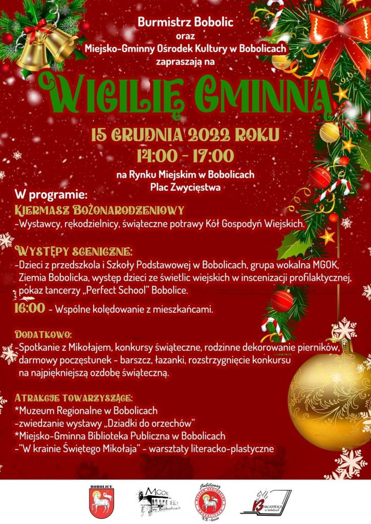 Plakat z zaproszenim dla mieszkańców do udziału w Wigilii Gminnej w Bobolicach 15 grudnia 2022