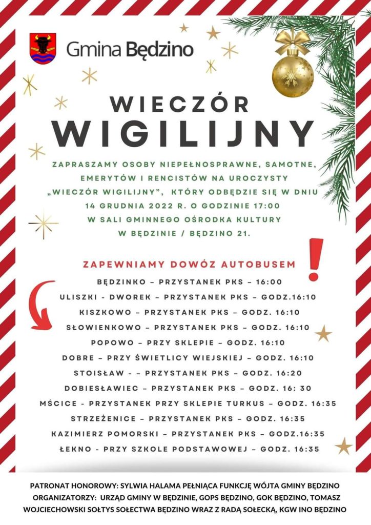 Plakat zapraszający na wieczór wigilijny w Będzinie 14 grudnia 2022