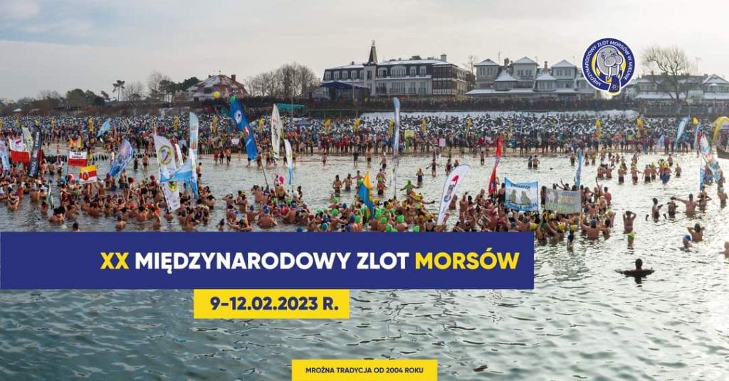 Plakat z informacją o 20 Międzynarodowym Zlocie Morsów w Mielnie w dniach 9 do 12 lutego 2023 r.