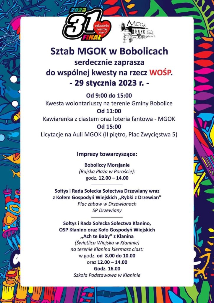 Plakat z informacja o wydarzeniu w ramach WOŚP w Bobolicach 29 stycznia 2023