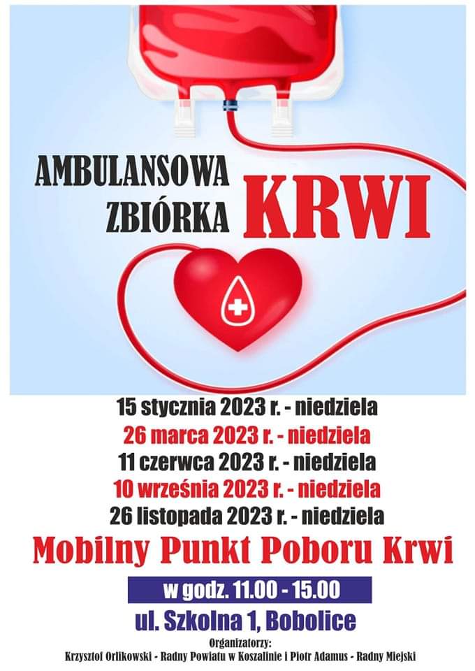 Plakat z zaproszeniem do udziału w ambulansowej zbiórce krwi w Bobolicach