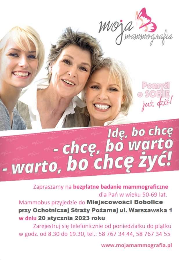 Plakat z zaproszeniem na bezpłatne badania mammograficzne w Bobolicach 20 stycznia 2023