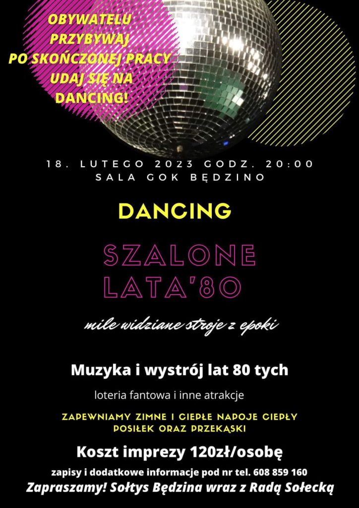 Plakat z zaproszeniem na dancing szalone lata 80 te w Będzinie 18 lutego 2023