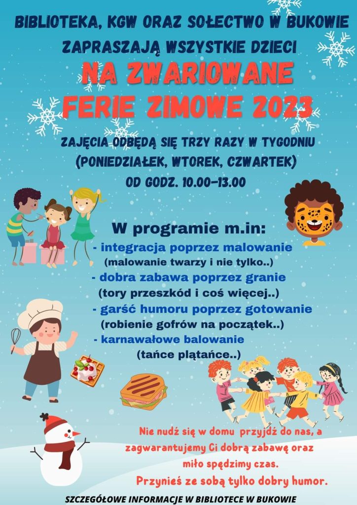 Plakat z zaproszeniem na ferie zimowe w Bukowie gmina Polanów