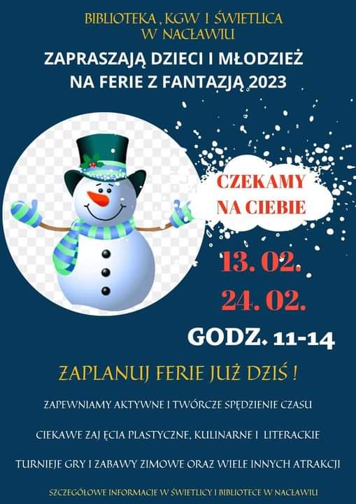 Plakat z zaproszeniem na ferie zimowe w Nacławiu gmina Polanów
