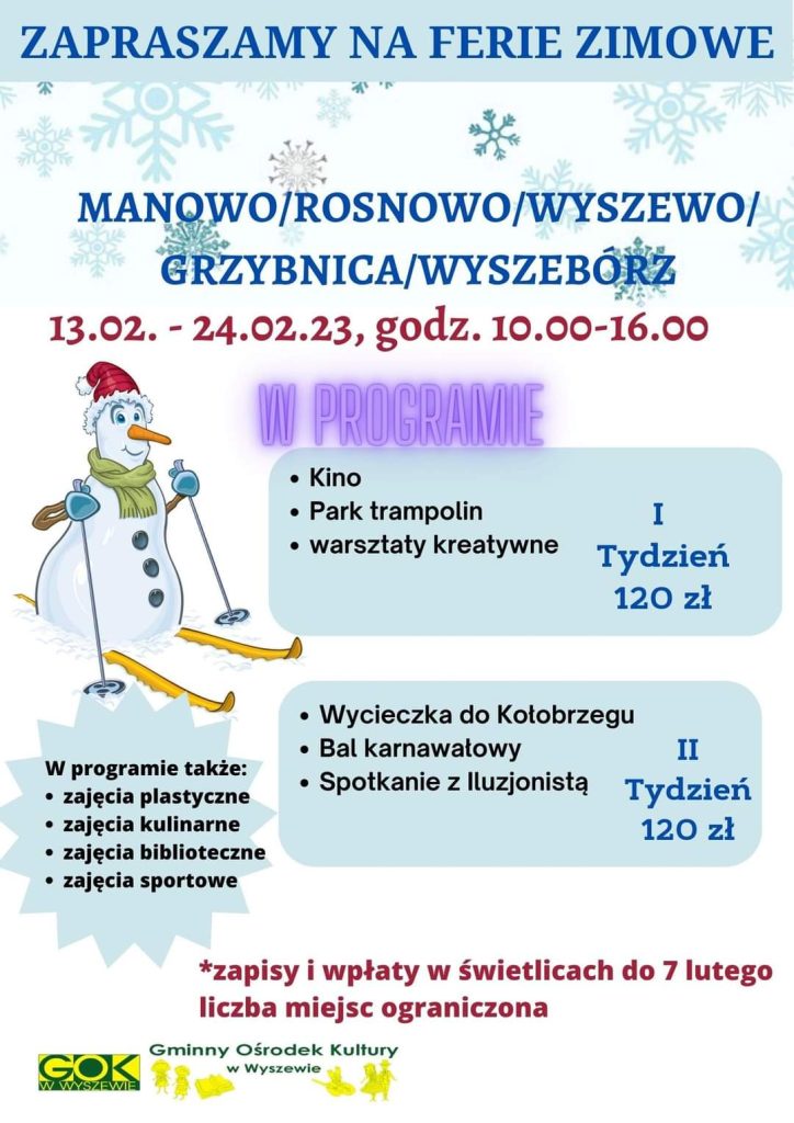 Plakat z zaproszeniem na ferie zimowe w gminie Manowo