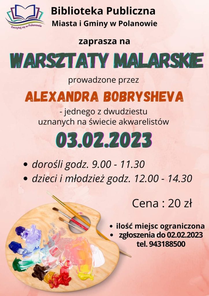 Plakat z zaproszeniem na warsztaty malarskie w Polanowie 3 lutego 2023