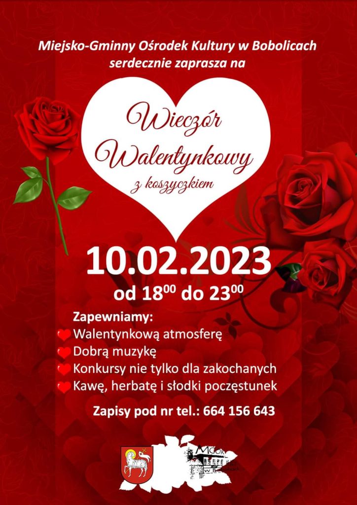Plakat z zaproszeniem na wieczór walentynkowy w Bobolicach 10 lutego 2023