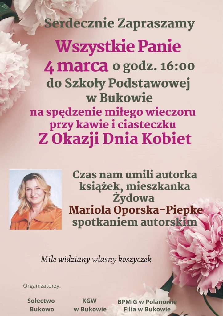 Plakat z zaproszeniem na spotkanie z okazji Dnia Kobiet w SP w Bukowie 4 marca 2023 o godzinie 16