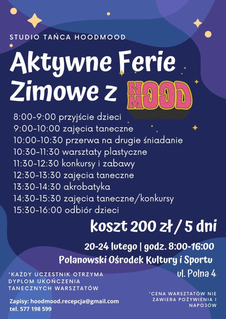 Plakat z zaproszeniem na zajęcia teneczne w Ośrodku Kultury w Polanowie