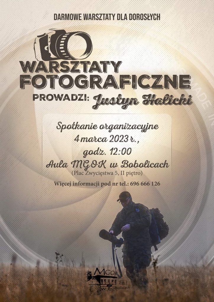 Plakat z zaproszenim do udziału w warsztatach fotograficznych w Ośrodku Kultury w Bobolicach