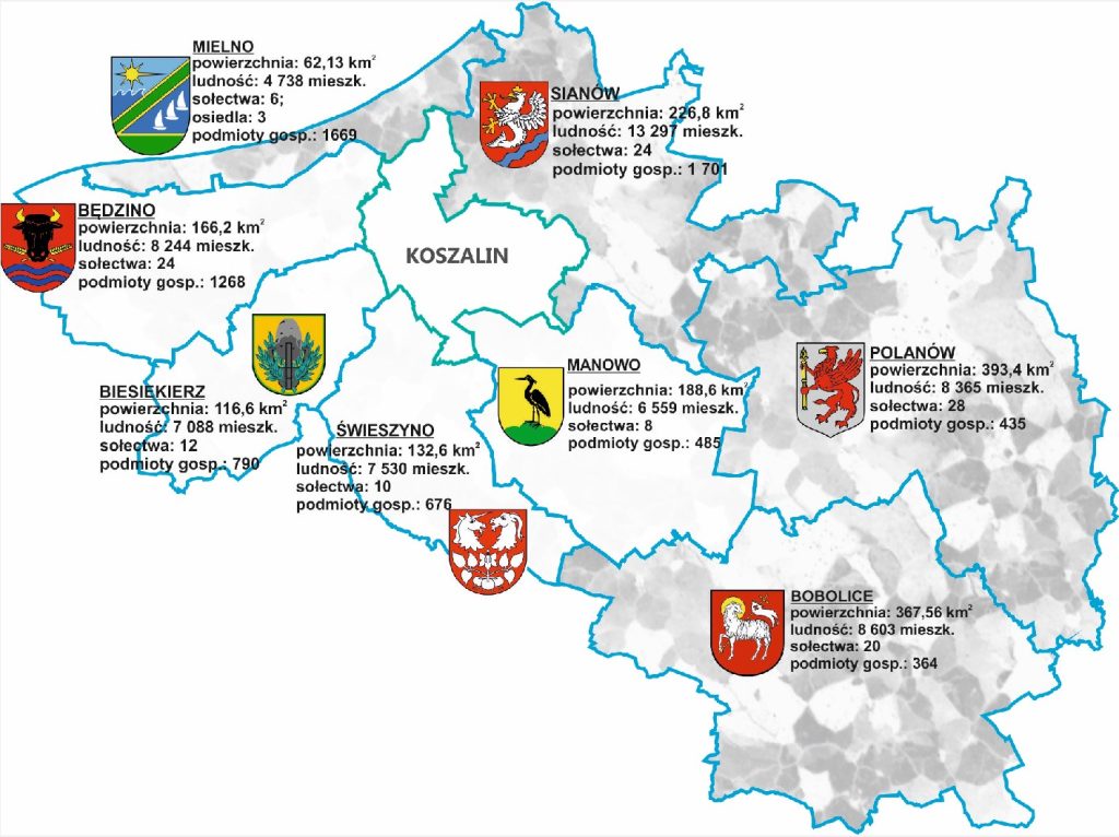 mapa powiatu powierzchnia, ludność sołectwa osiedla itp. informacje