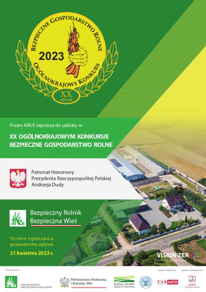 plakat zapraszenie do udziału w 20 Ogólnokrajowym Konkursie Bezpieczne Gospodarstwo Rolne 2023