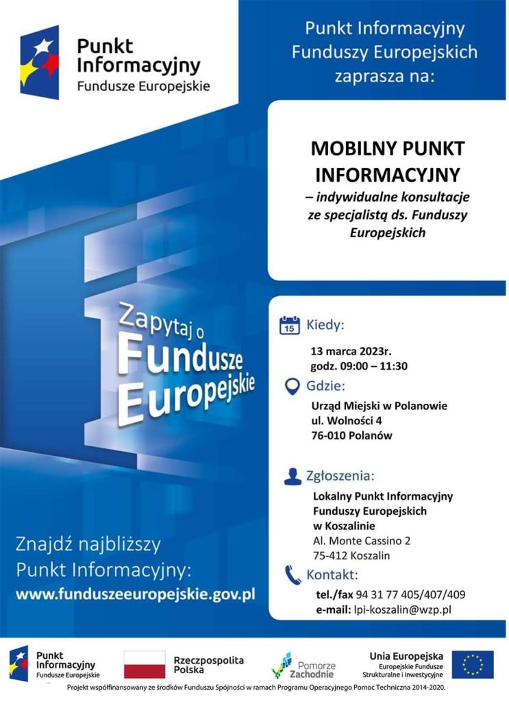 Plakat z zaproszeniem do spotkania ze specjalistami do spraw Funduszy Europejskich 13 marca 2023 w Polanowie