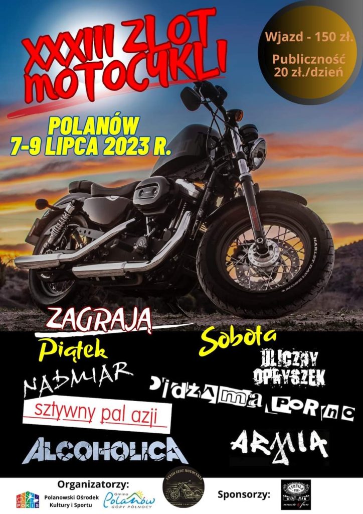 Plakat z zaproszeniem na 33 zlot motocykli w Polanowie w dniach 7 i 9 lipca 2023