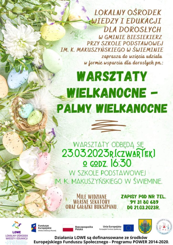 Plakat z zaproszeniem na warsztaty wielkanocne w Świeminie gmina Biesiekierz w dniu 23 marca 2023