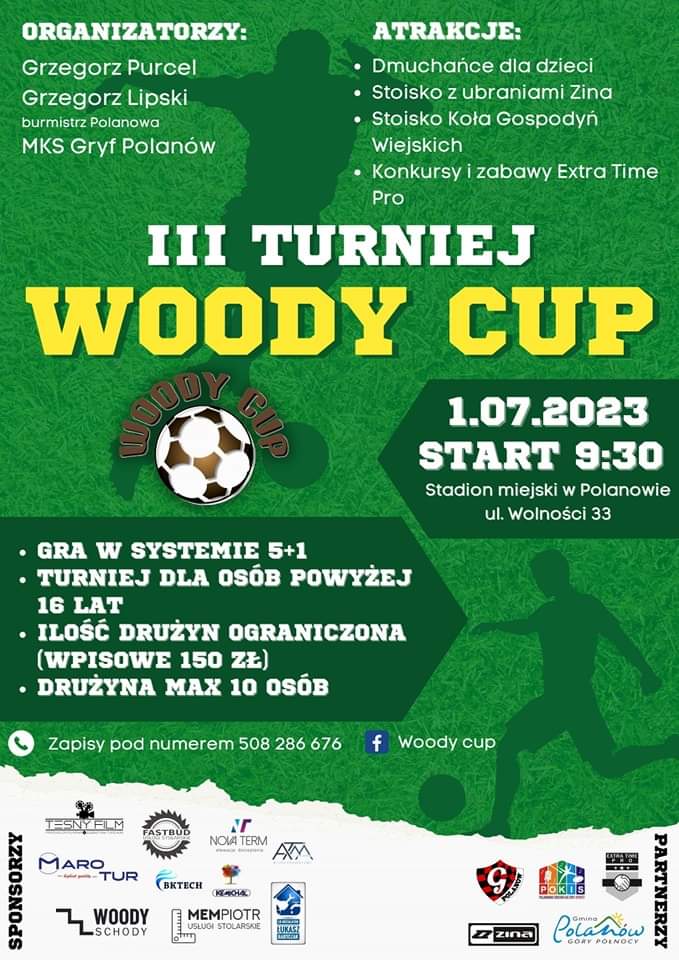 Plakat z zaproszeniem na 3 turniej woody cup w Polanowie 1 lipca 2023 r.