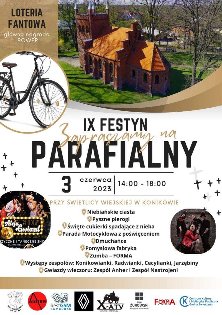 Plakat z zaproszeniem na 9 festyn parafialny 3 czerwca 2023 w Konikowie