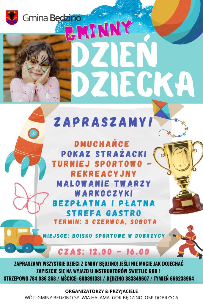 Plakat z zaproszeniem na Gminny Dzień Dziecka w Będzinie 3 czerwca 2023 od godziny 12 na boisku sportowym w Dobrzycy