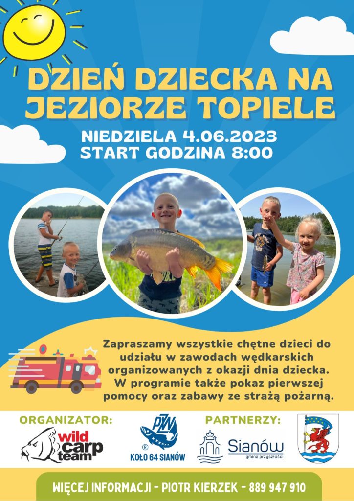 Plakat z zaproszeniem na dzień dziecka na Jeziorze Topiele 4 czerwca 2023