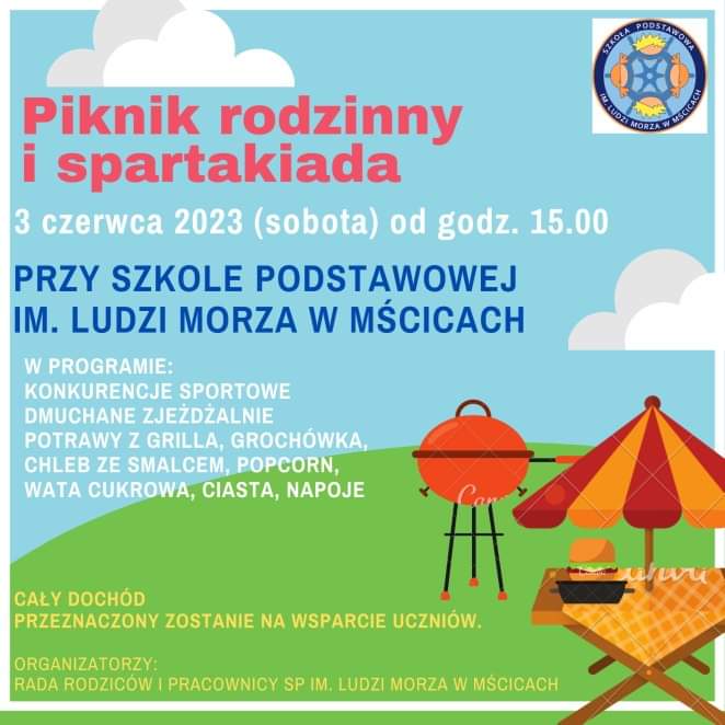 Plakat z zaproszeniem na piknik rodzinny i spartakiadę w Mścicach 3 czerwca 2023