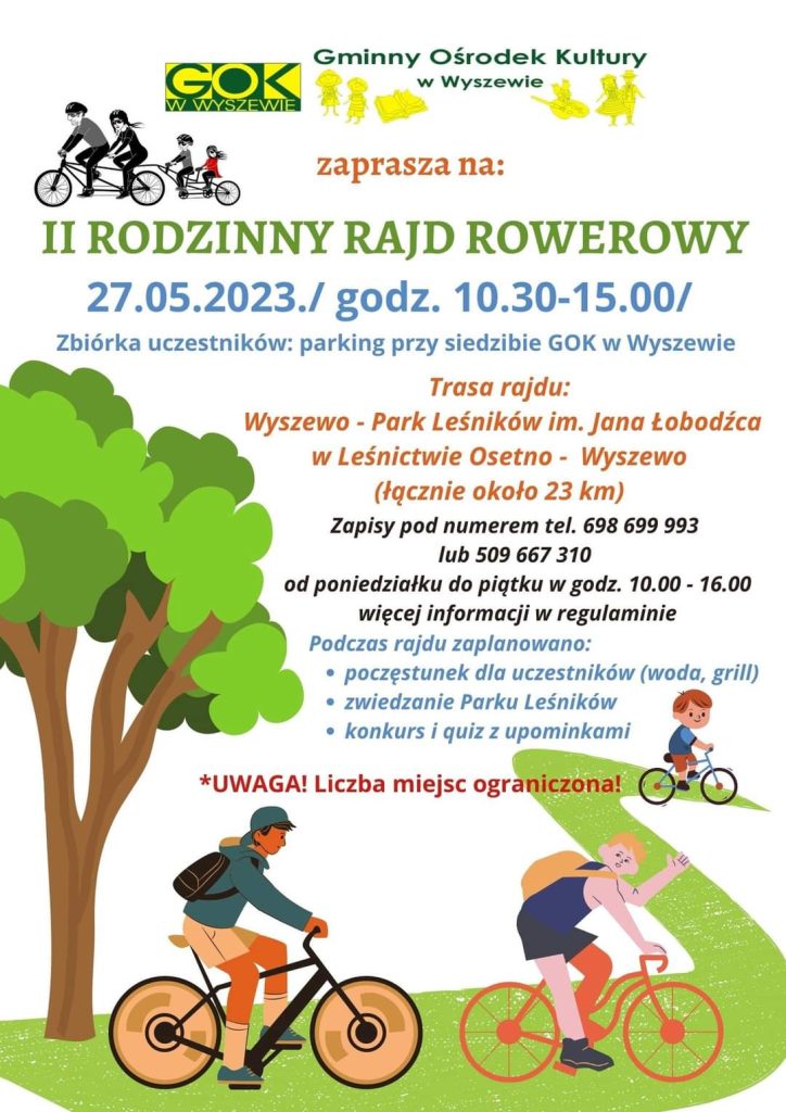 Plakat zapraszający na 2 rodzinny rajd rowerowy w Wyszewie 27 maja 2023