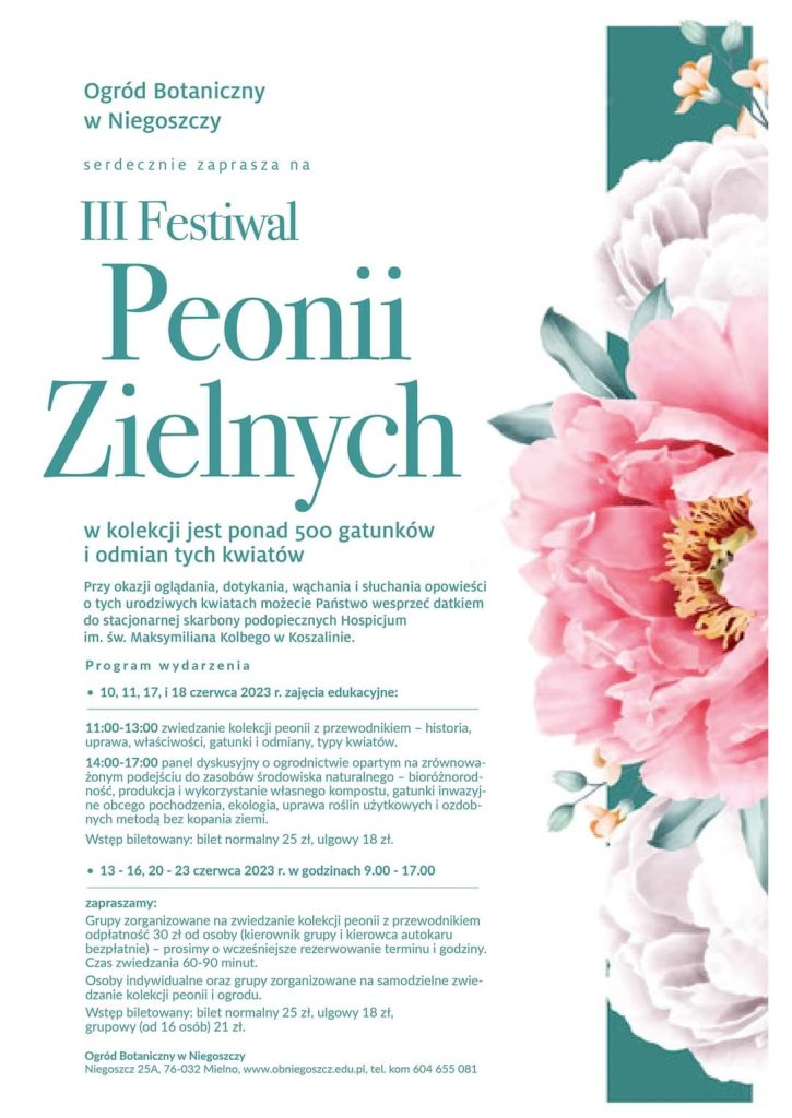 Plakat zapraszający na 3 Festiwal Peonii Zielonych w ogrodzie botanicznym w Niegoszczy