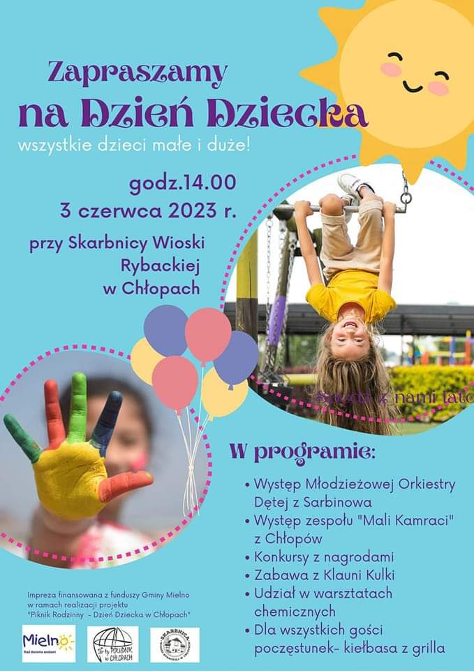 Plakat zapraszający na Dzień Dziecka w Skarbnicy Wioski Rybackiej w Chłopach 3 czerwca 2023