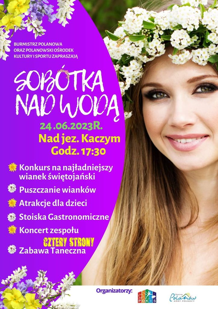 Plakat zapraszający na Sobótke nad wodą w dniu 24 czerwca 2023 w Polanowie