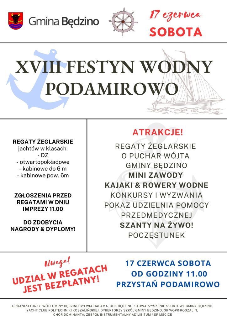 Plakat z zaproszeniem na 18 Festyn Wodny w Podamirowie 17 czerwca 2023 r.