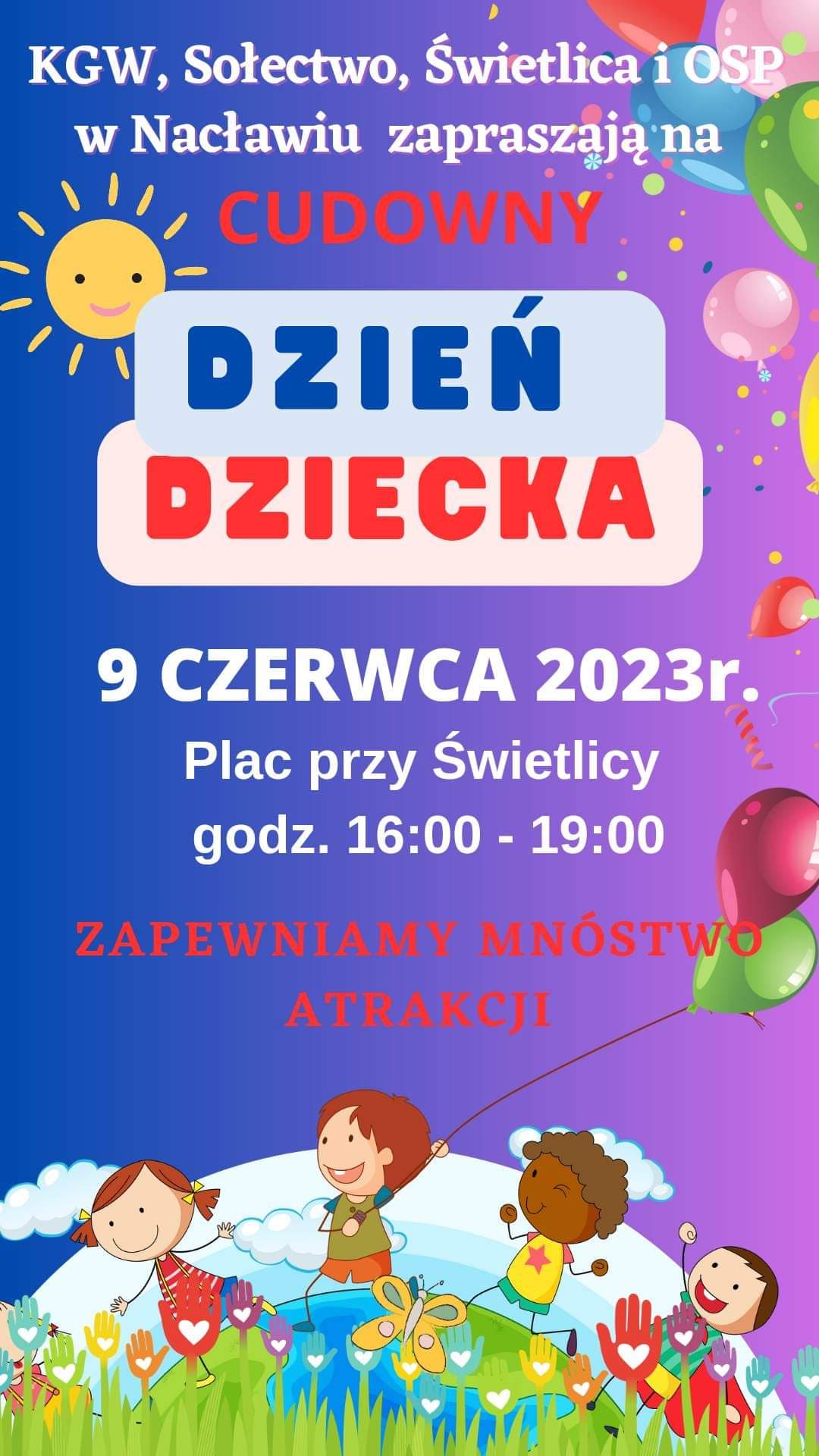 Plakat z zaproszeniem na Dzień Dziecka w Nacławiu, gm. Polanów 9 czerwca 2023 przy świetlicy od godziny 16