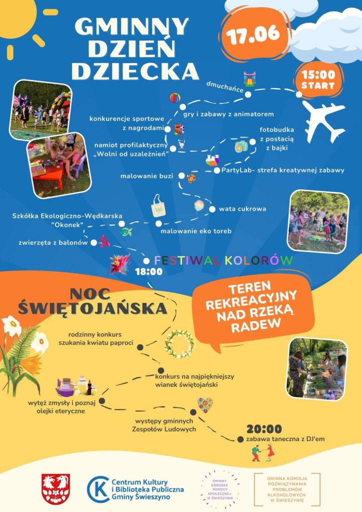 Plakat z zaproszeniem na gminny dzień dziecka i noc świętojańską w gminie Świeszyno w dniu 17 czerwca 2023