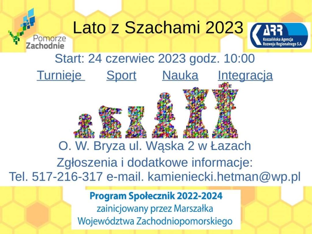 Plakat z zaproszeniem na lato z szachami 24 czerwca 2023 w Łazach