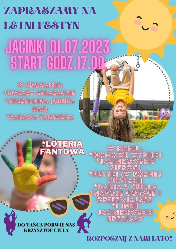 Plakat z zaproszeniem na letni festyn w Jacinkach 1 lipca 2023