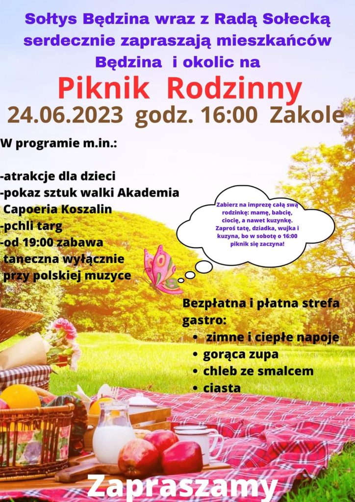 Plakat z zaproszeniem na piknik rodzinny 24 czerwca 2023 od godziny 16 na Zakolu w Będzinie