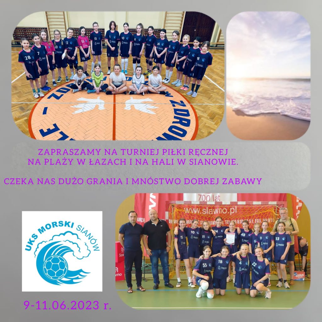 Plakat z zaproszeniem na turniej piłki ręcznej na plaży w Łazach i na hali w Sianowie w dniach od 9 do 11 czerwca 2023