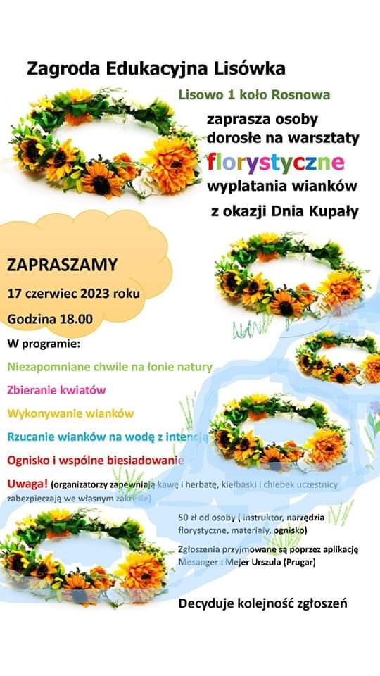Plakat z zaproszeniem na warsztaty florystyczne w Lisowo koło Rosnowa 17 czerwca 2023
