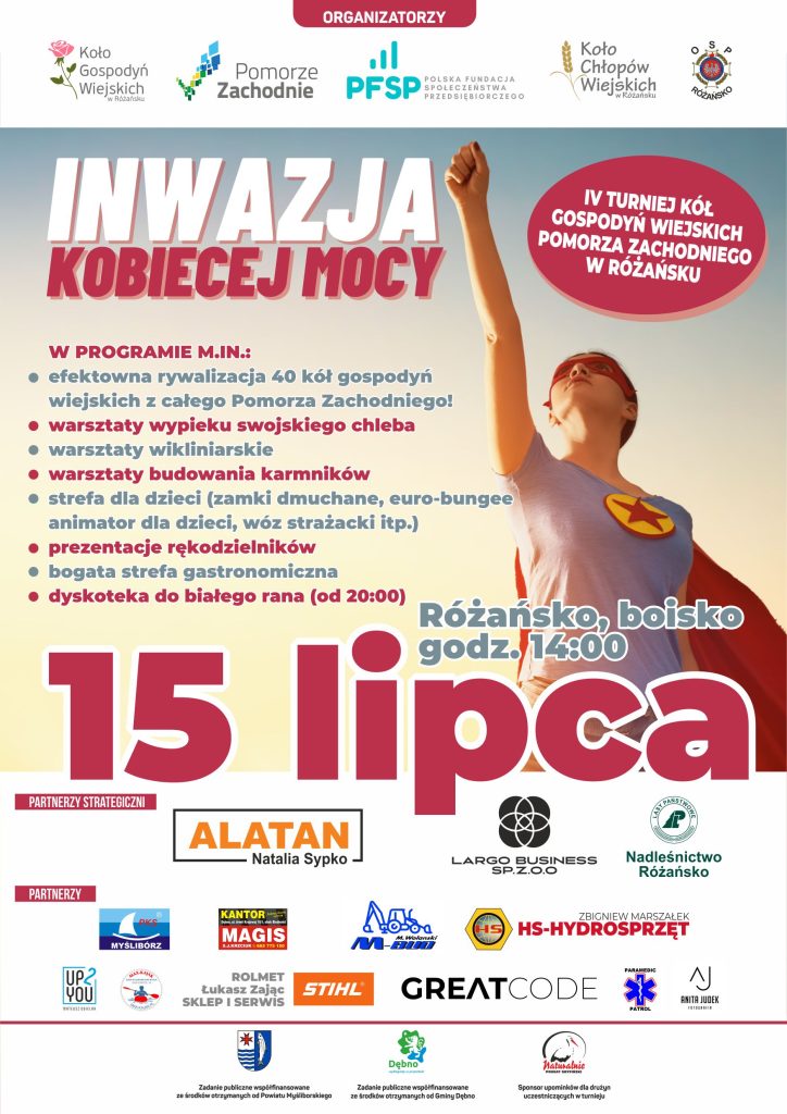 Plakat z zaproszeniem na 4 Turniej Kół Gospodyń Wiejskich Pomorza Zachodniego 15 lipca 2023 w Różańsku