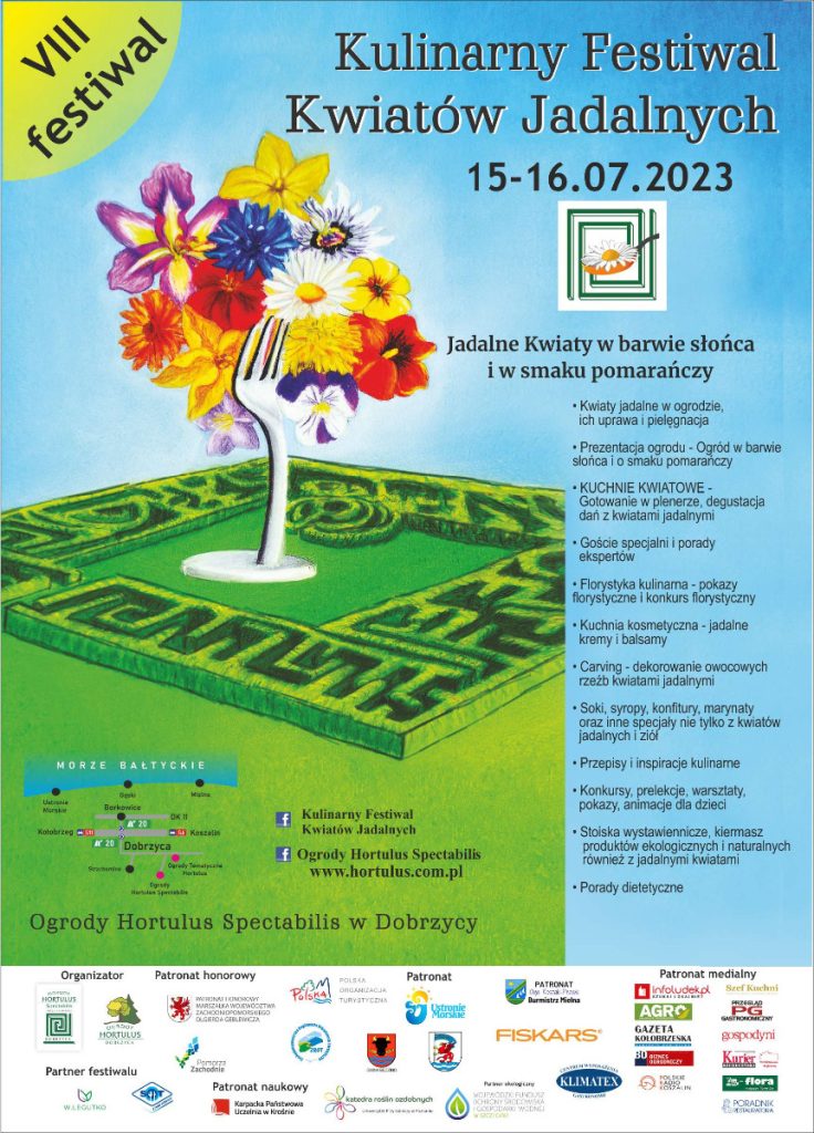 Plakat z zaproszeniem na Kulinarny Festiwal Kwiatów Jadalnych w Hortulus Spectabilis w Dobrzycy 15 i 16 lipca 2023