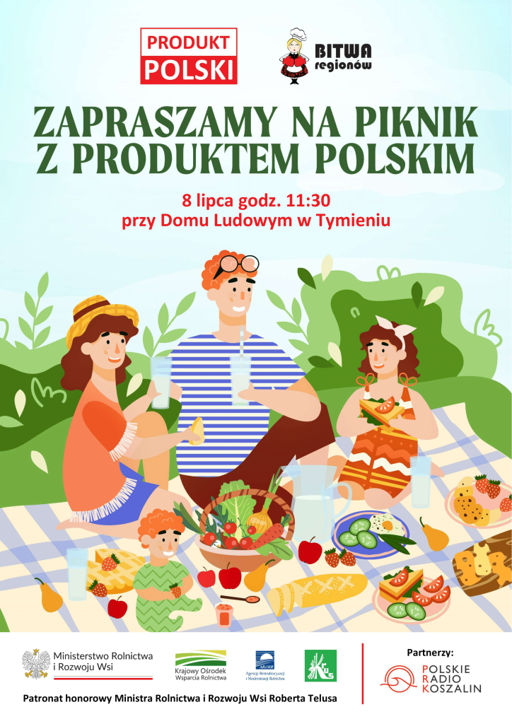 Plakat z zaproszeniem na piknik z produktem polskim 8 lipca 2023 w Tymieniu