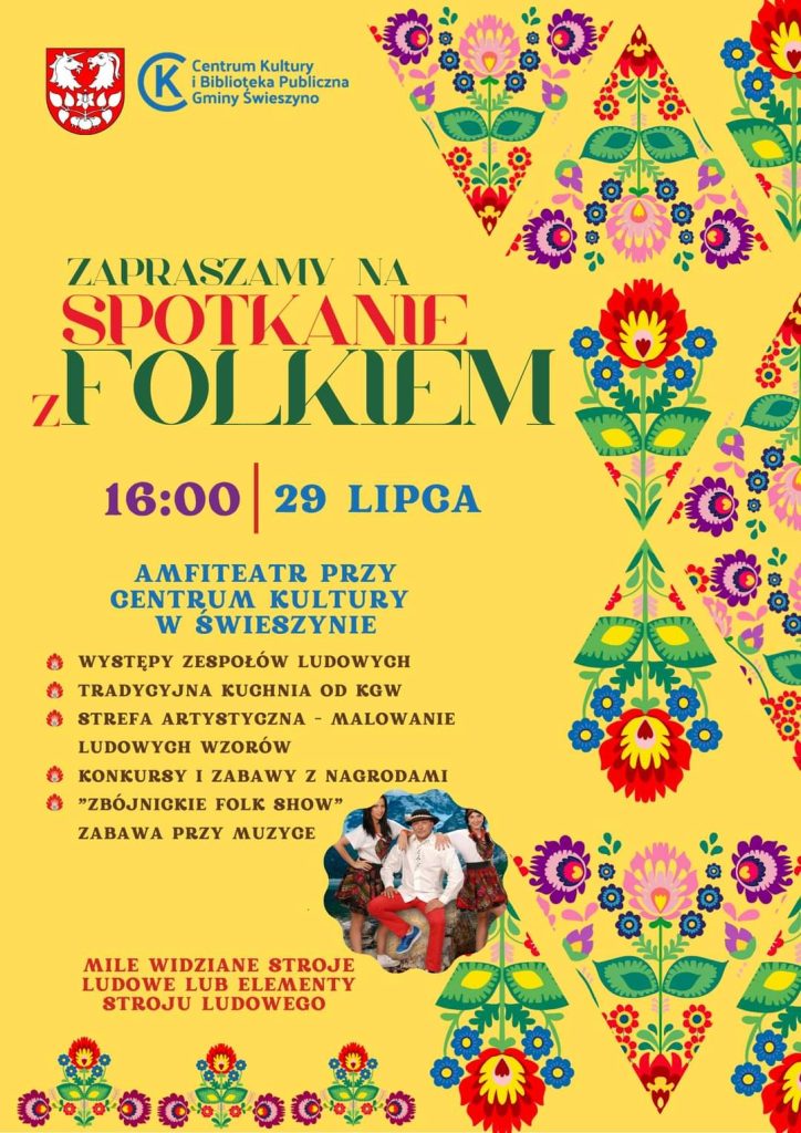 Plakat z zaproszeniem na spotkanie z folklorem w Świeszynie 29 lipca 2023