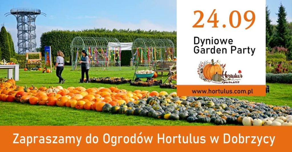 Baner z zaproszeniem na Dyniowe Garden Party w Ogrodach Hotrulus w Dobrzycy w dniu 24 wrzesnia 2023 r.