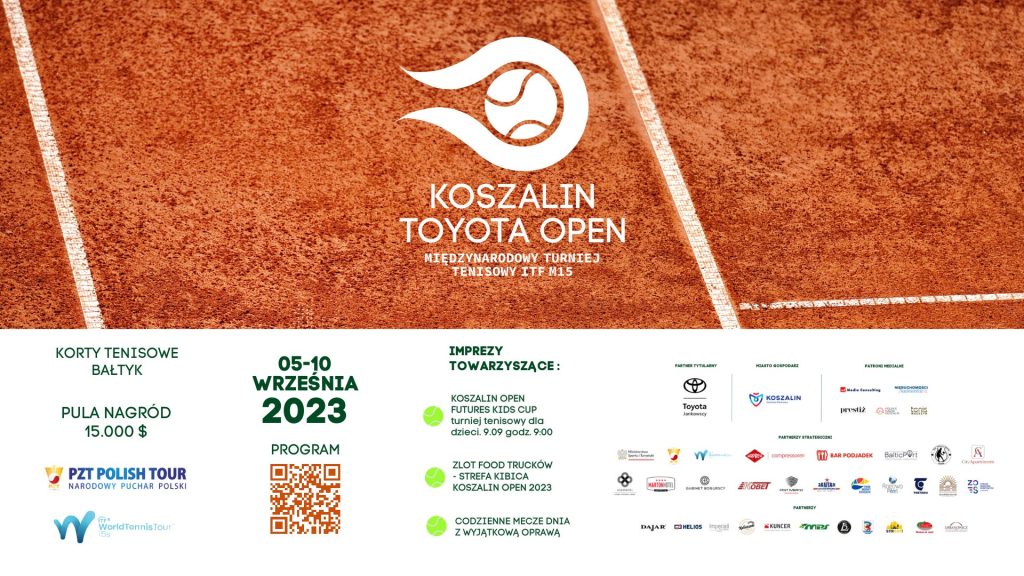 Baner zapraszający na Międzynarodowy Turniej Tenisowy Mężczyzn KOSZALIN OPEN 2023 od 5 do 10 września 2023