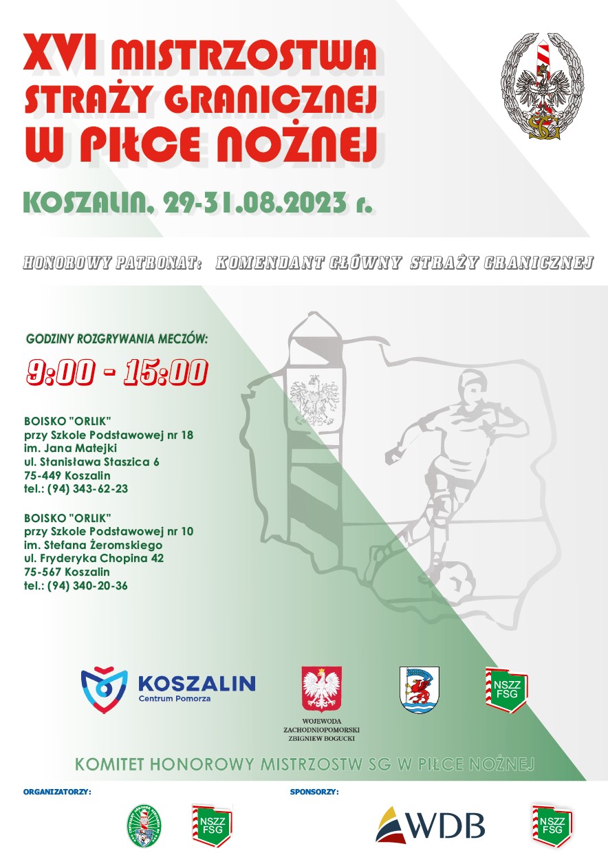 Plakat z zaproszeniem na 16 mistrzostwa Straży Granicznej w Piłce NOżnej od 29 do 31 sierpnia 2023