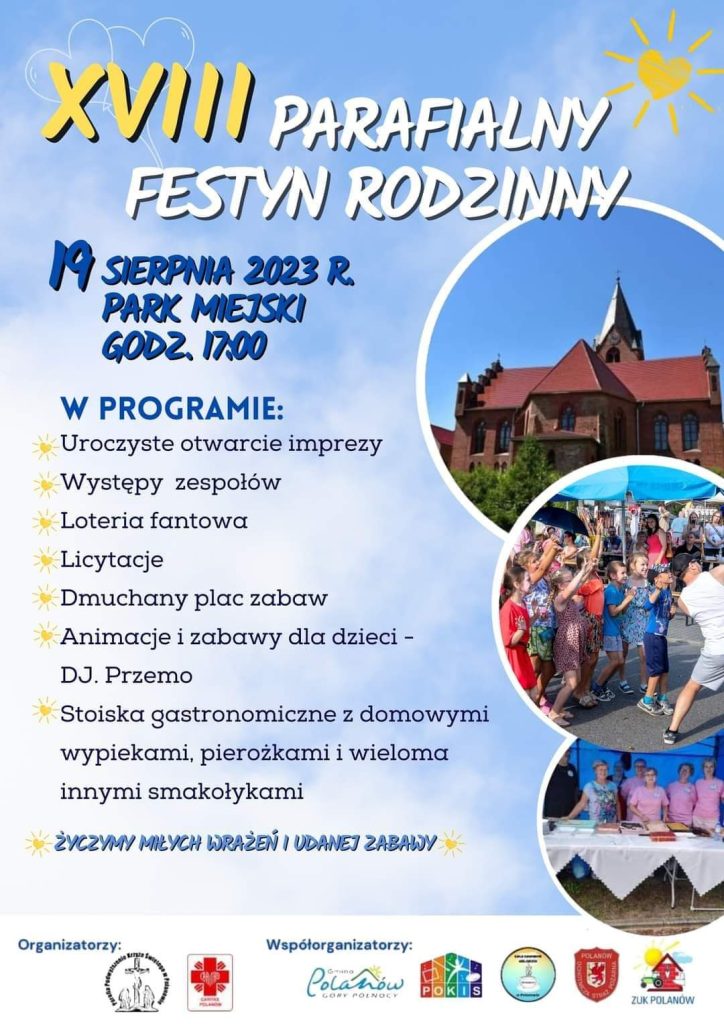 Plakat z zaproszeniem na 18 parafialny festyn rodzinny w Polanowie 19 sierpnia 2023