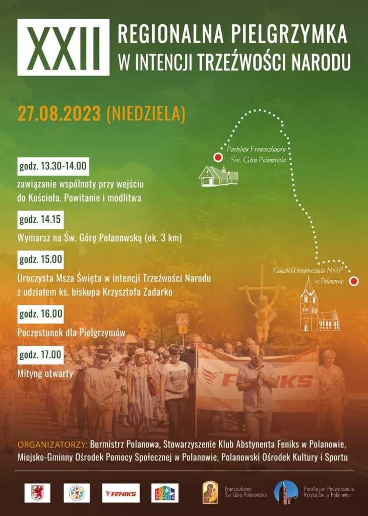 Plakat z zaproszeniem na 22 regionalną pielgrzymkę w intencji trzeźwości narodu 27 sierpnia 2023 w Polanowie