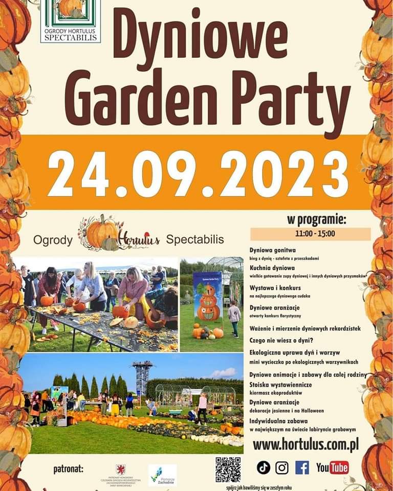 Plakat z zaproszeniem na Dyniowe Garden Party w Ogrodach Hortulus 24 wrzesnia 2023