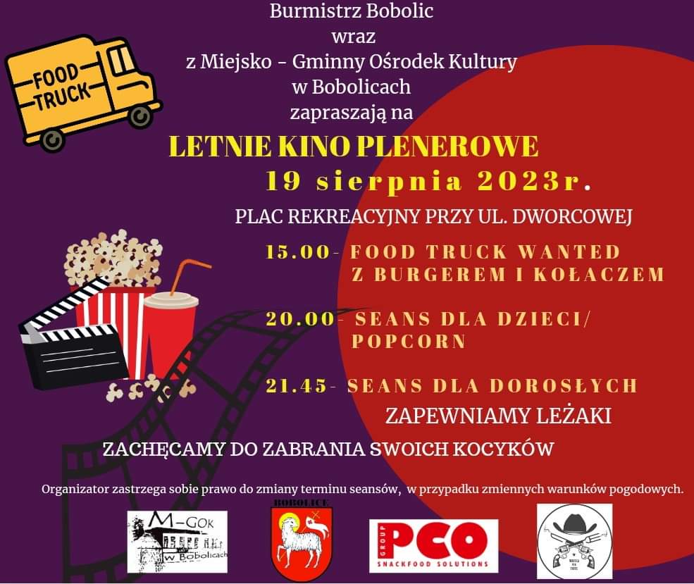 Plakat z zaproszeniem na Letnie Kino Plenerowe 19 sierpnia 2023 w Bobolicach